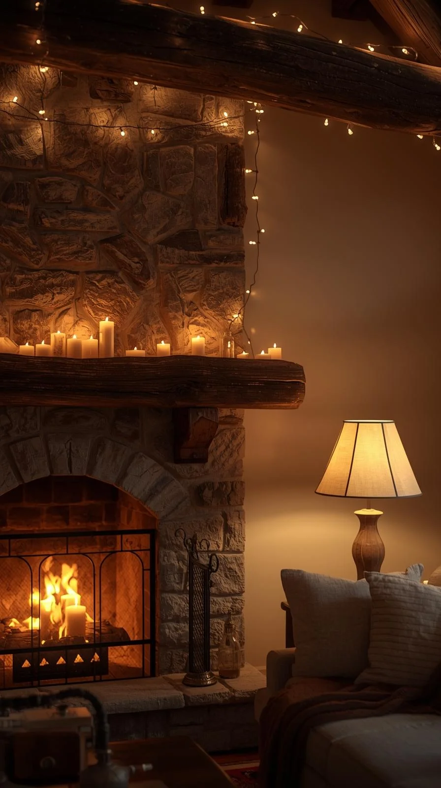 Earthy cottage home decor ideas with cozy lighting from candles, string lights, and a linen-shaded lamp.