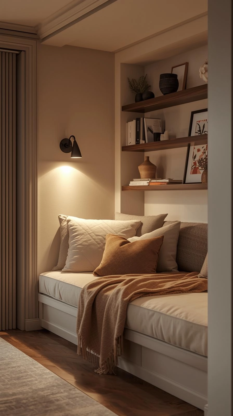 Cozy living room corner with a daybed nook, layered cushions, soft lighting, and warm neutral decor for a peaceful home feel.