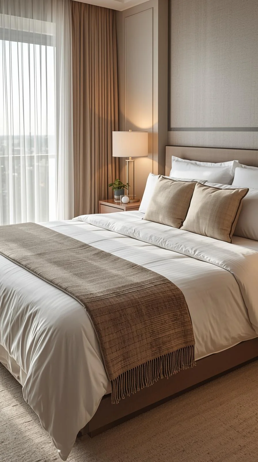 Cozy master bedroom decor with layered bed, upholstered headboard, soft bedding, and warm lighting as the anchor of the room.