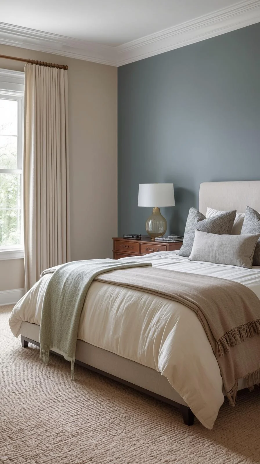 Master bedrooms decor cozy with calming colors in beige, gray, and muted blue, featuring soft bedding and natural light for a restful look.