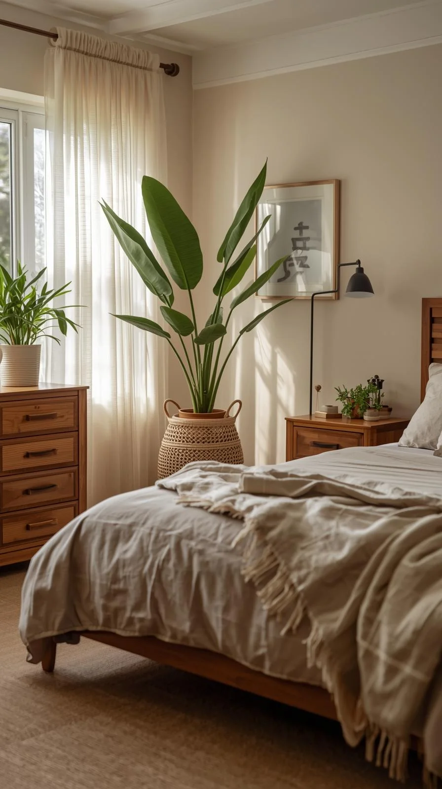 Master bedrooms decor cozy with natural elements including potted plants, wooden furniture, and rattan accents for a grounded feel.