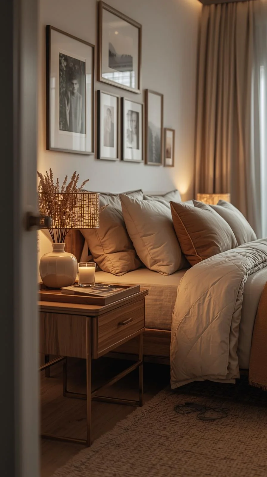 Master bedrooms decor cozy with personal touches including family photos, artwork, and a styled nightstand with books and a candle.