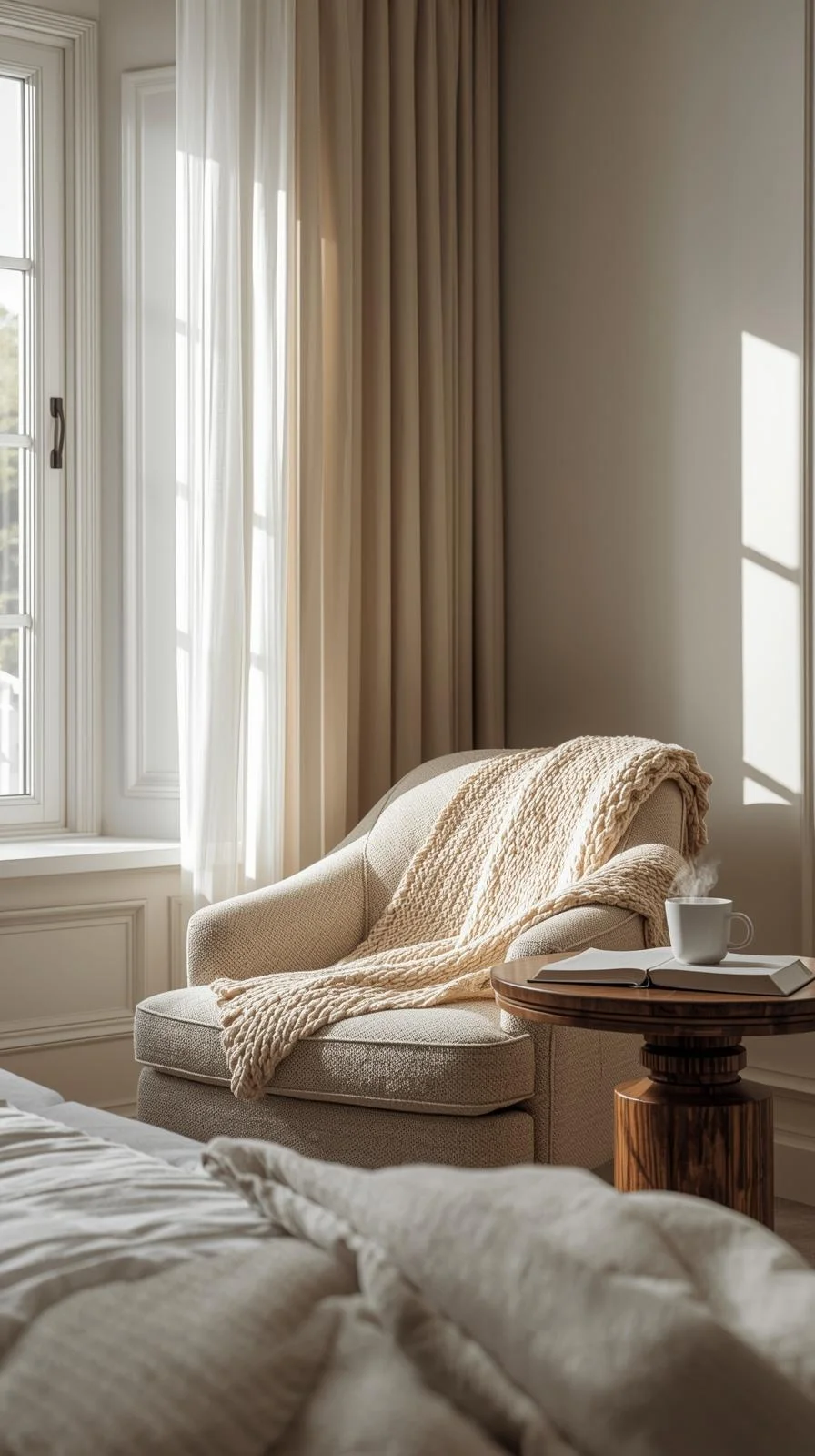 Master bedrooms decor cozy with a relaxing corner featuring an armchair by the window, side table, and soft throw blanket.