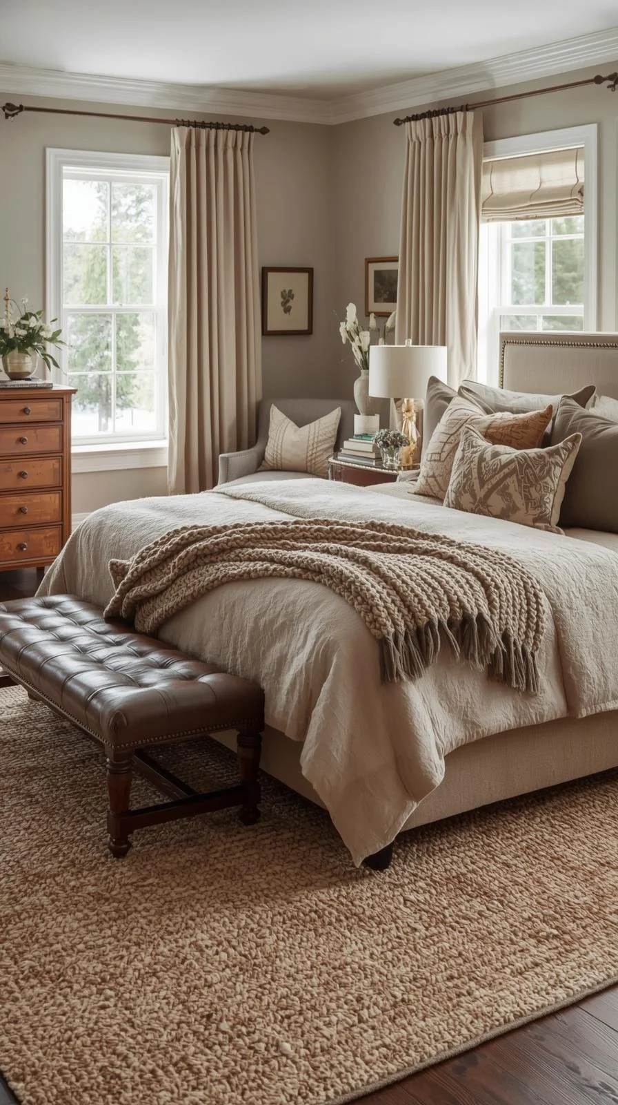 Master bedrooms decor cozy with layered textures, featuring knit throw, quilt, velvet cushions, textured rug, and soft linen curtains.