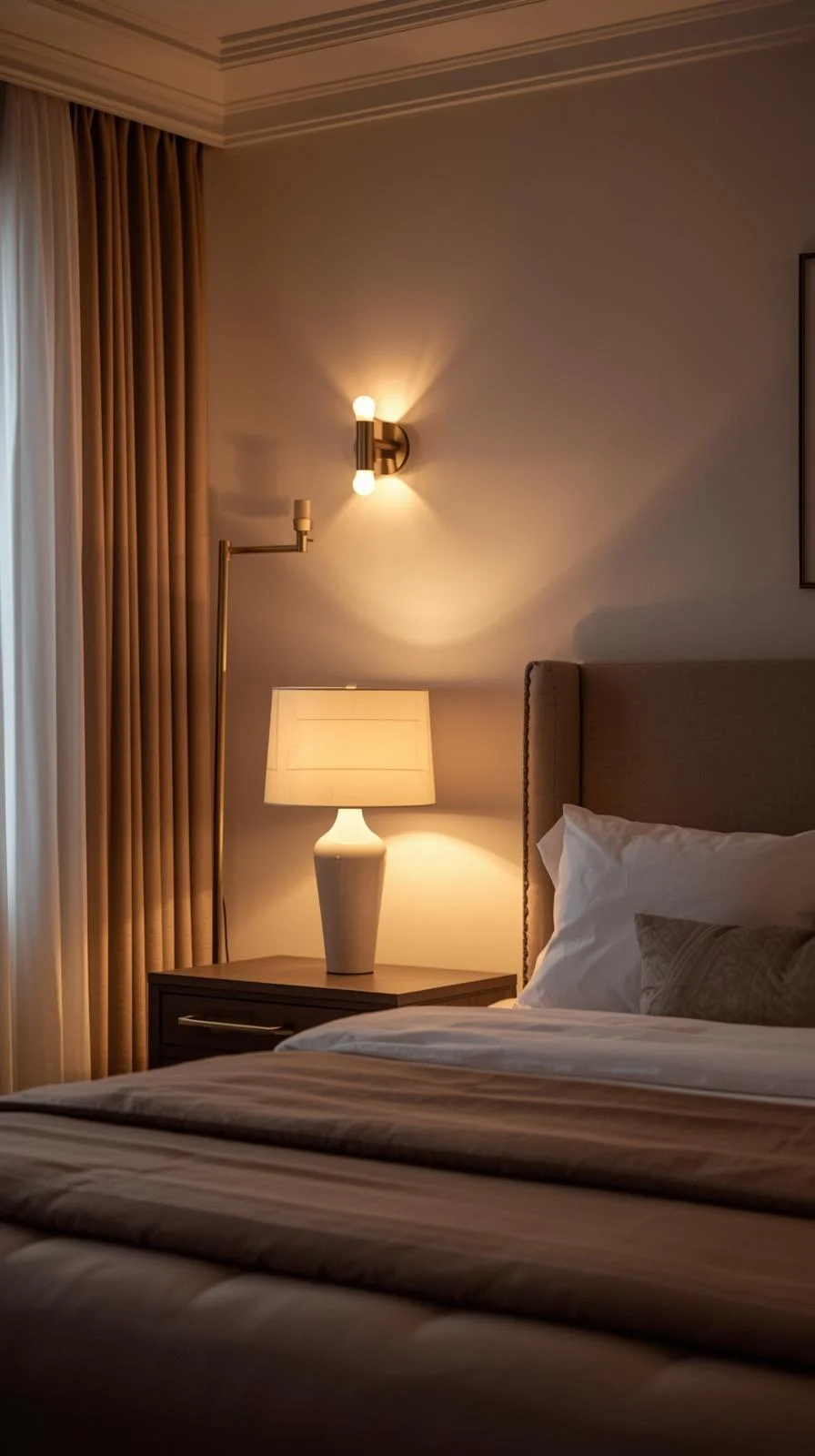 Master bedrooms decor cozy scene with layered warm lighting from table lamps, wall sconces, and a floor lamp creating a relaxing glow.