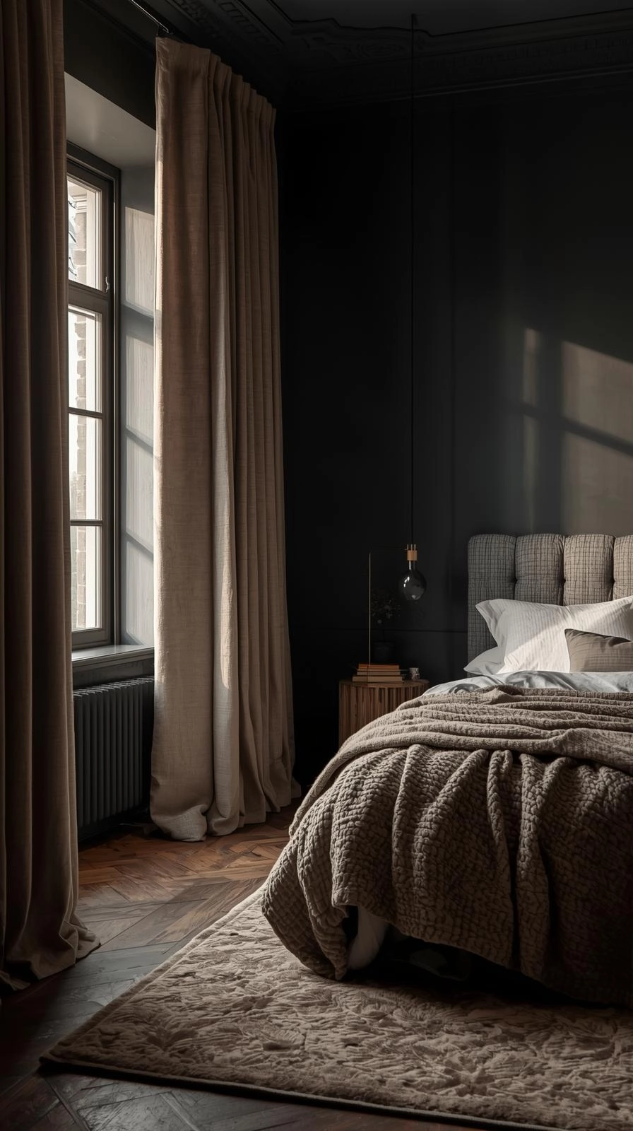 A cozy moody bedroom with soft linen curtains, a velvet rug, and layered fabrics creating a calm, intimate space.