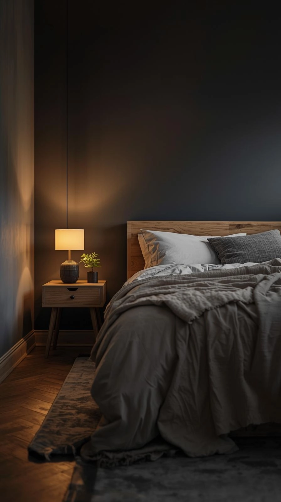 Cozy moody bedroom ideas with deep charcoal walls, warm lighting, and soft neutral bedding creating a calm and intimate space.