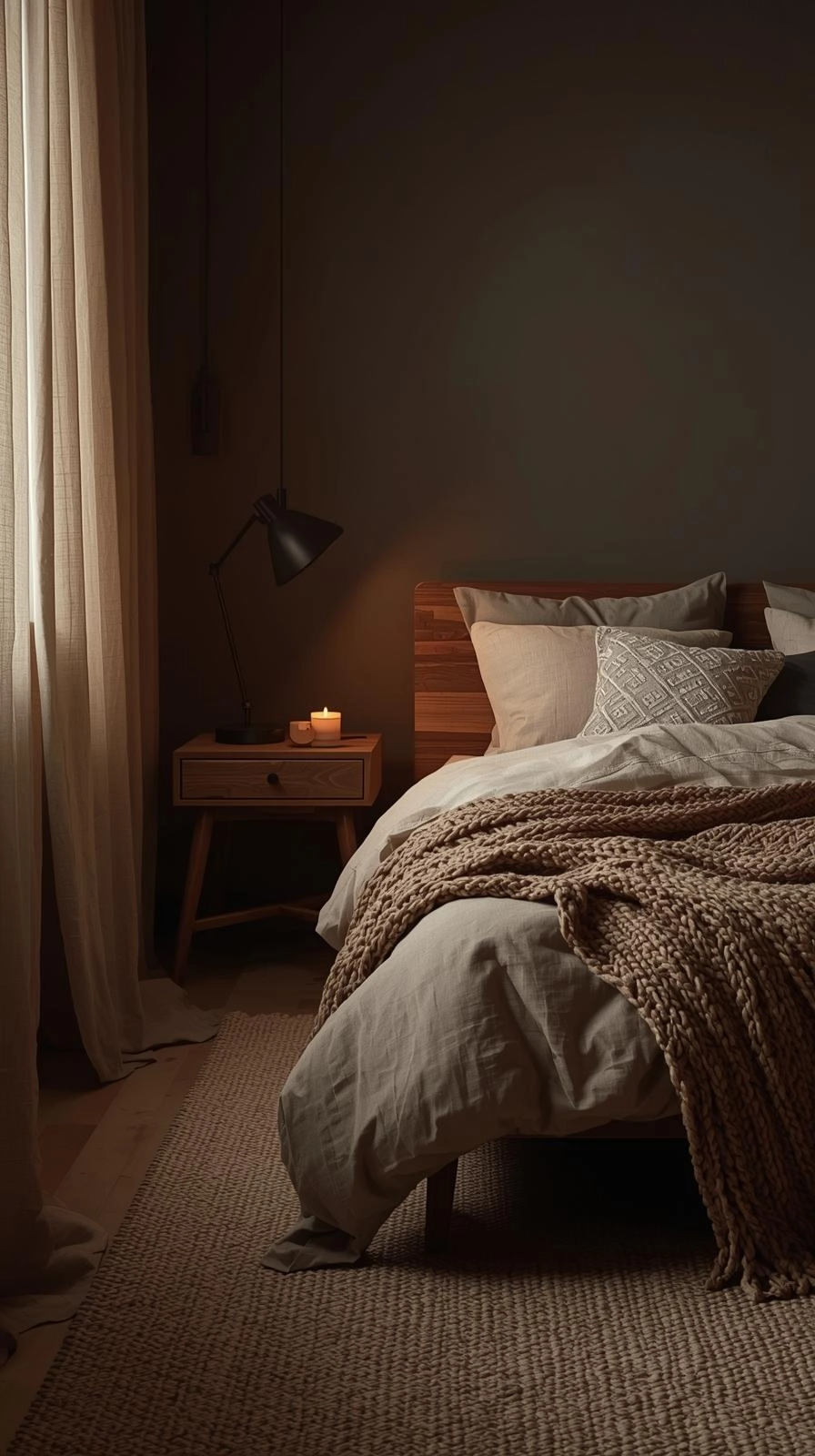 Cozy moody bedroom ideas with wood, linen, wool, and metal textures creating a warm, lived-in feel.