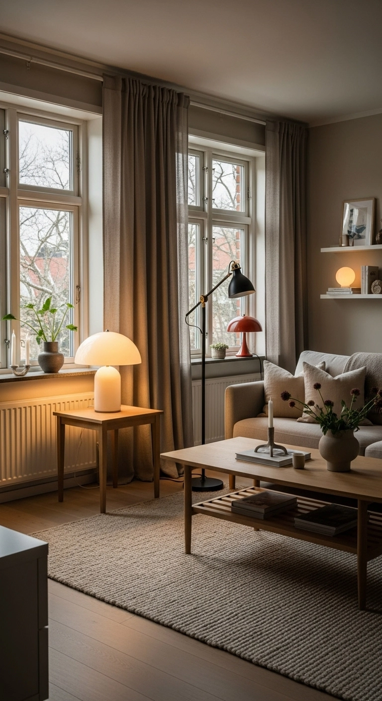 Soft layered lighting in a cozy Scandinavian living room with warm lamps, natural daylight, and calm neutral décor.