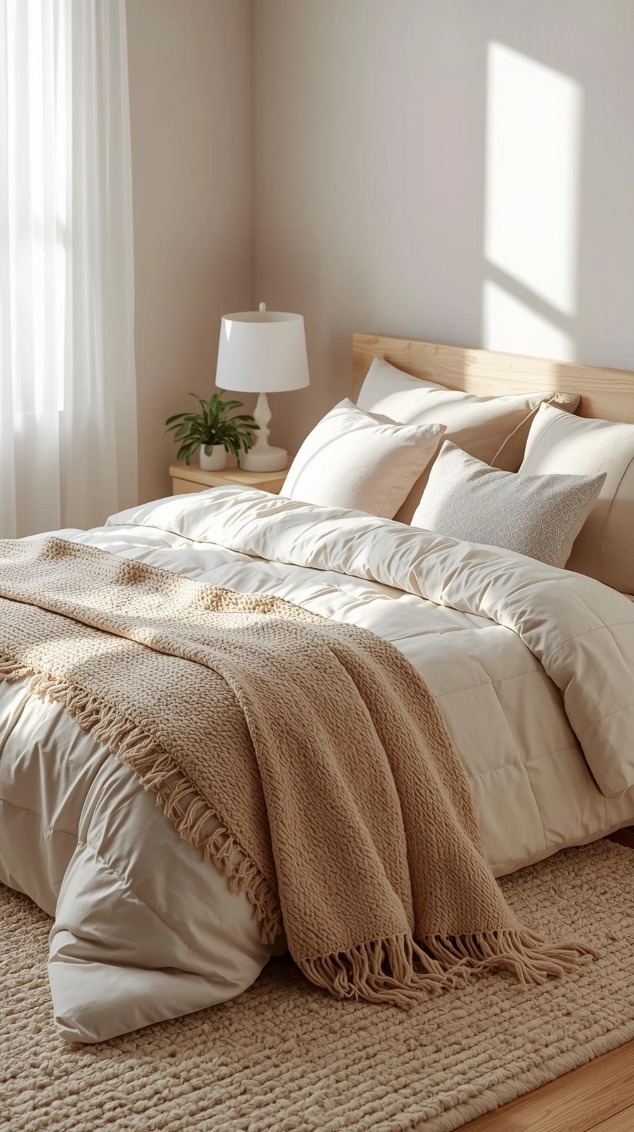 Cozy teen bedroom design with layered bedding, throw blanket, extra pillows, and a rug creating warmth and comfort.