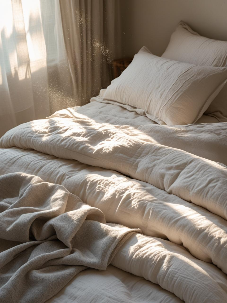 Cozy bed with cotton percale sheets, linen duvet, and flannel throw for soft breathable comfort.
