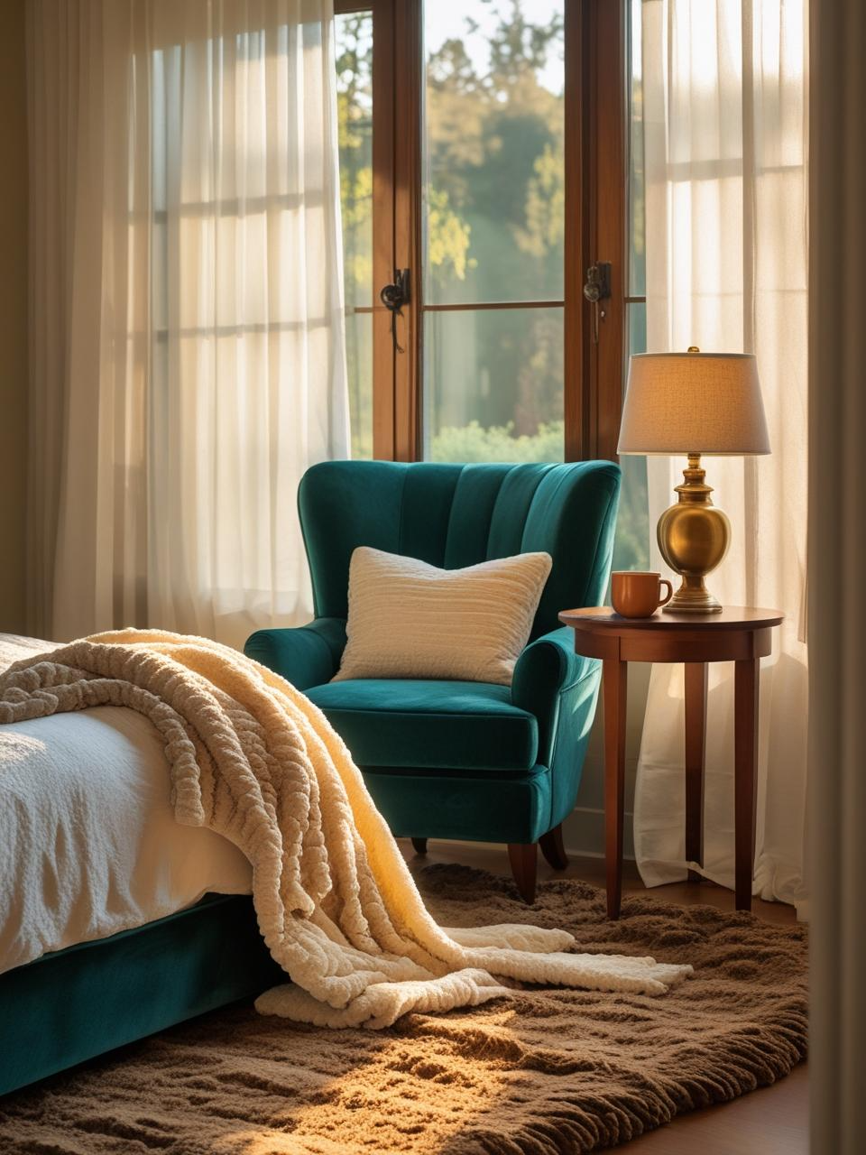 Cozy bedroom reading nook with chair, ottoman, and warm lamp light