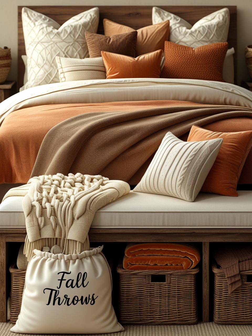 Cozy bedroom with hidden storage bench and baskets for blankets and pillows.