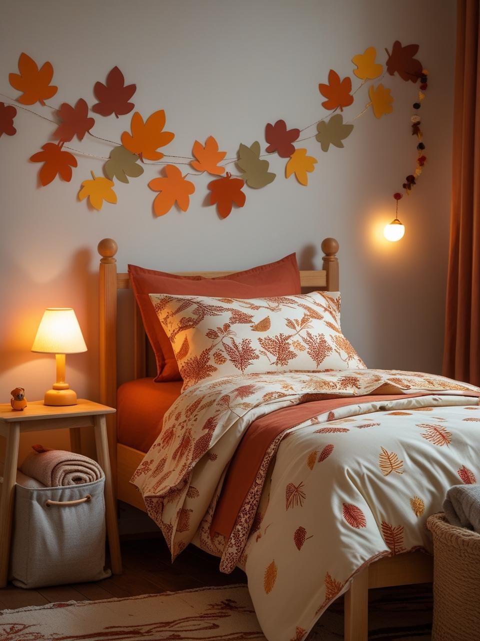 Cozy child’s bedroom with washable bedding, soft lighting, and simple fall decorations.