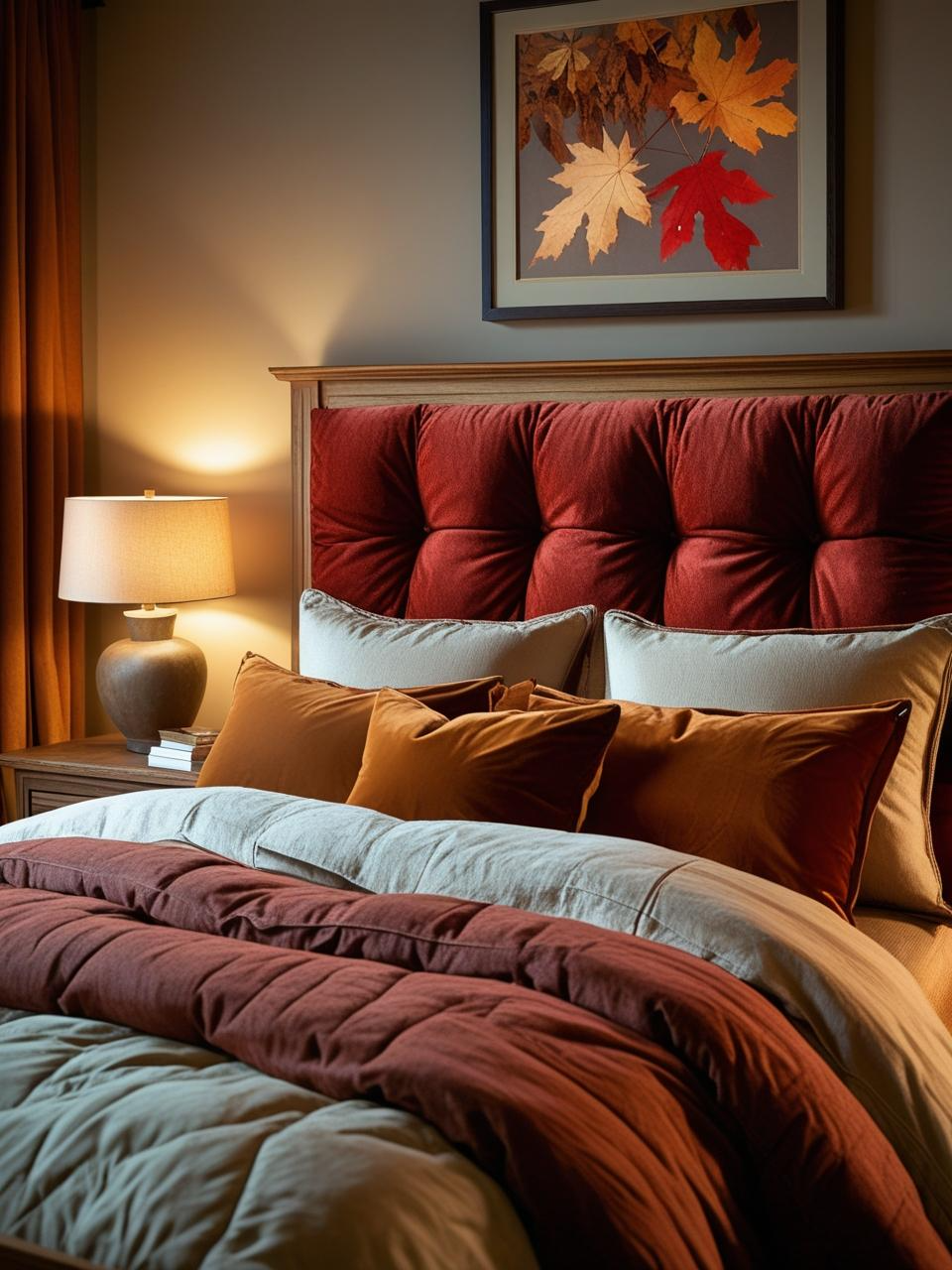 Cozy fall bedroom with slipcover headboard cushion for comfort and warmth.