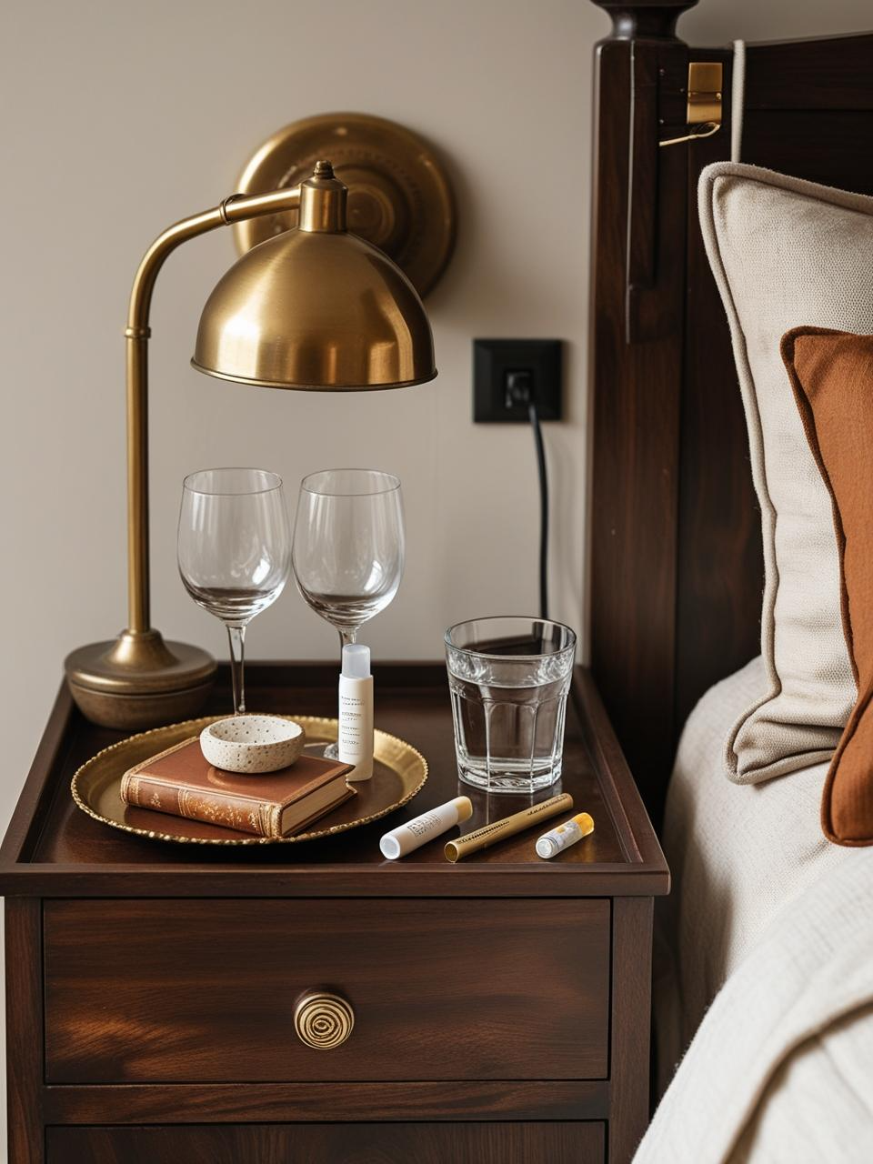 Cozy fall nightstand with tray, water carafe, and warm ceramic accents