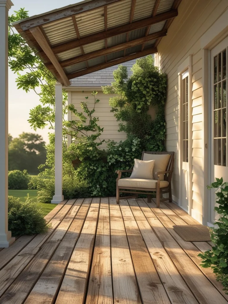Cozy farmhouse patio with weathered wood flooring, soft white siding, and rustic metal roofing in warm natural tones.