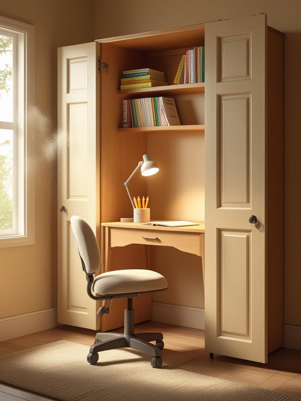 Cozy homeschool setup in small spaces with a closet converted into a learning nook featuring desk, chair, lamp, and books
