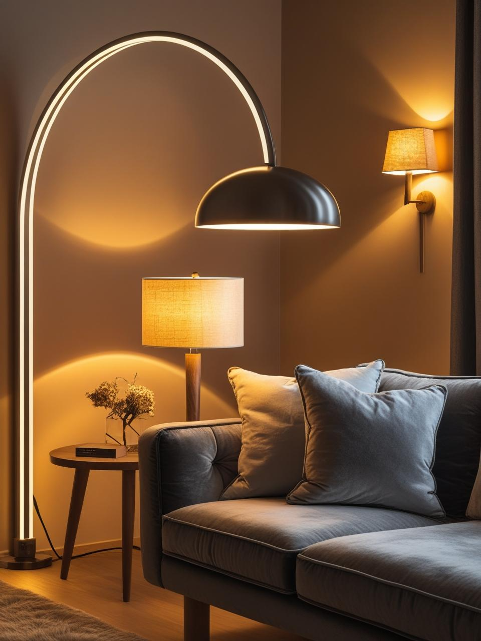 Cozy modern apartment decor inspiration featuring warm layered lighting with floor lamps, table lamps, and wall sconces for a soft golden glow.