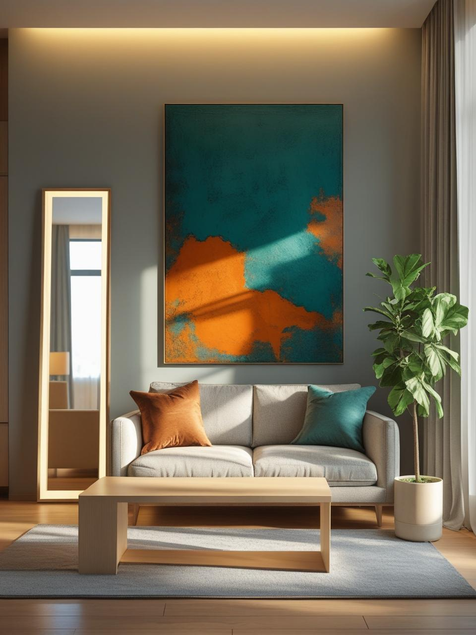 Cozy modern apartment decor inspiration using scale with a large floor mirror, oversized art, and small accents for balance and style.