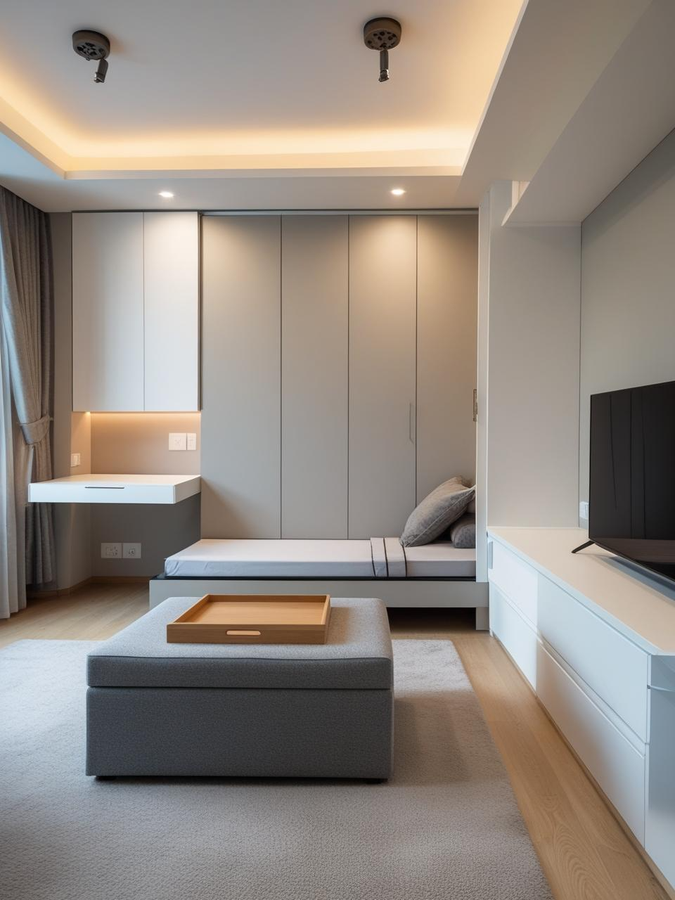 Cozy modern apartment decor inspiration with multifunctional furniture, including a storage ottoman, fold-down desk, and bed with built-in drawers.