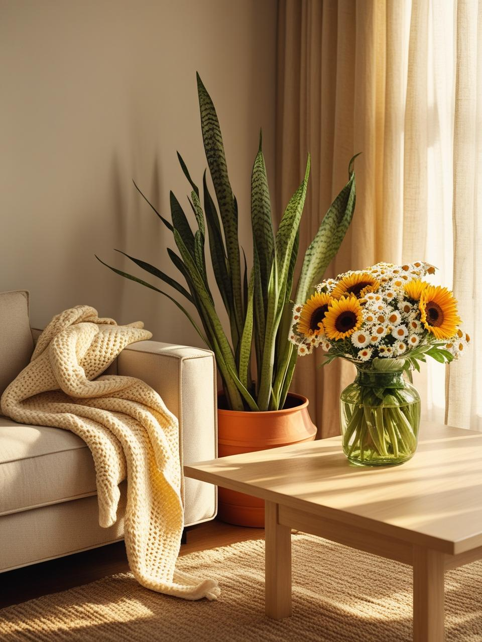 Cozy modern apartment decor inspiration with natural elements like wood, woven baskets, terracotta pots, plants, and fresh flowers for warmth.
