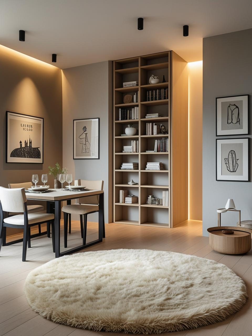 Cozy modern apartment decor inspiration with open-plan zones defined by rugs, open bookshelves, and art, keeping the space airy and organized.