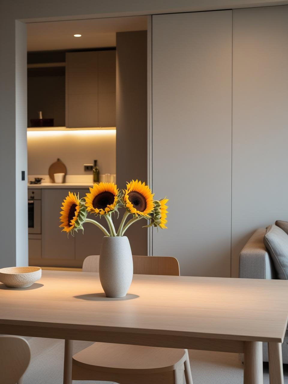 Cozy modern apartment decor inspiration with clear, uncluttered surfaces, featuring a single ceramic vase for a calm, intentional look.