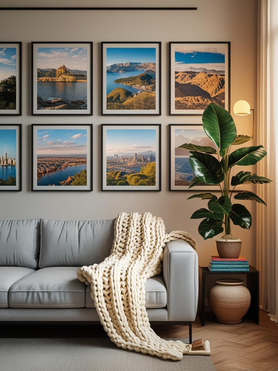 Cozy modern apartment decor inspiration with personal touches like framed travel photos, handmade throws, and books for a warm, stylish look.