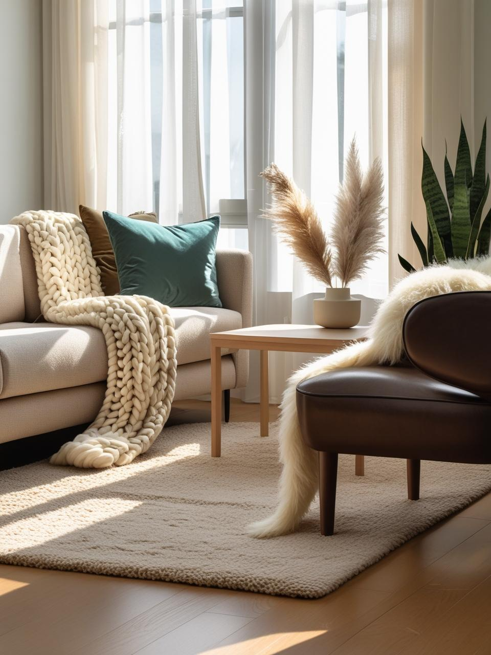 Best Apartment Decor Inspiration Cozy Modern with layered textures, including knit throws, velvet cushions, and a wool rug for depth and warmth.
