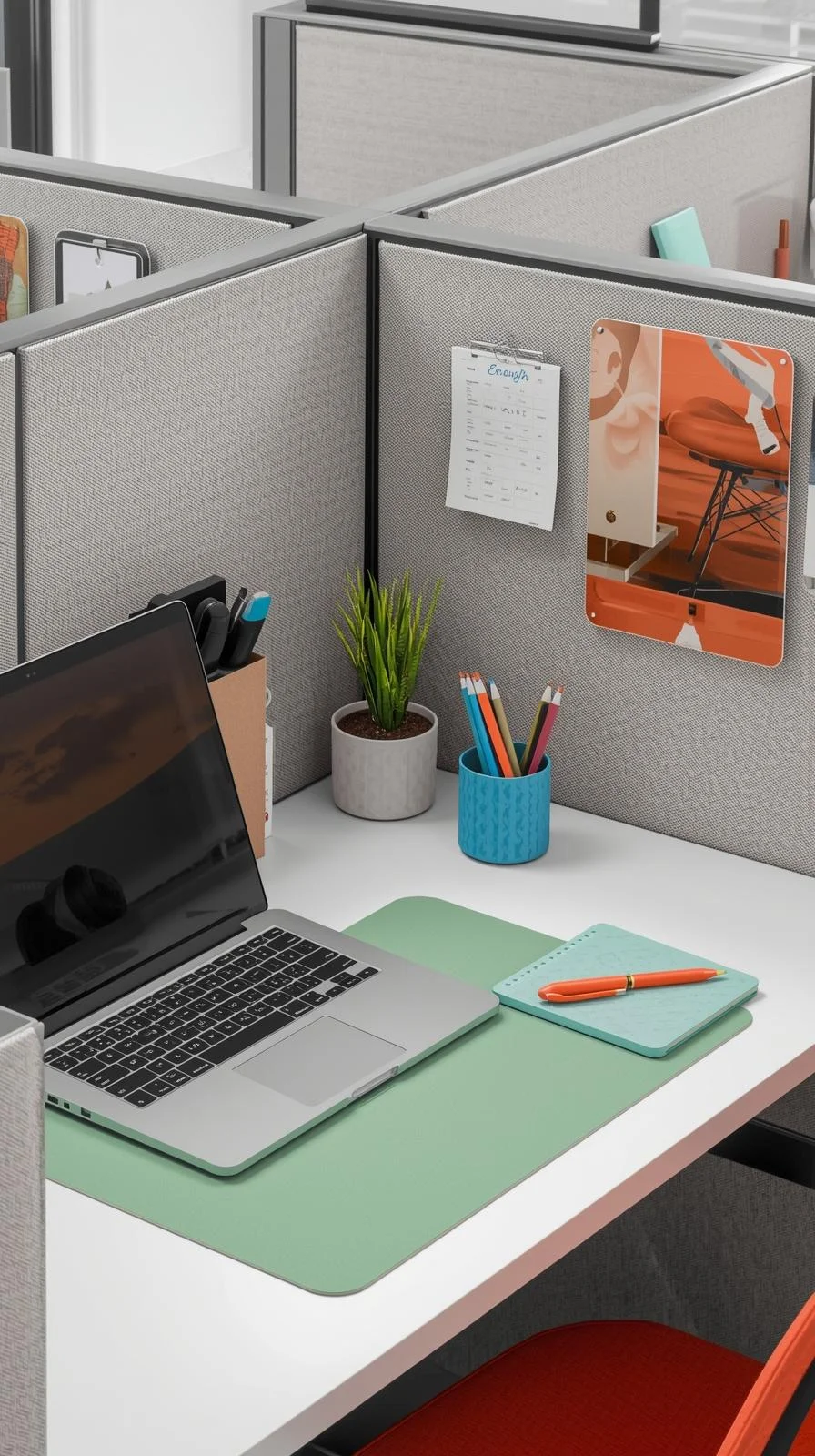 Cubical ideas for work with colorful desk accessories adding energy and creativity.