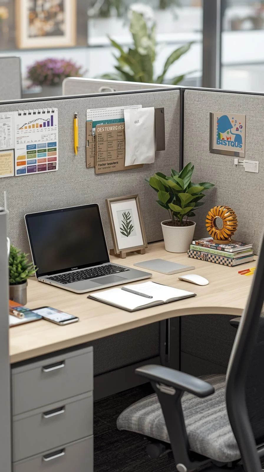 Cubical ideas for work with refreshed decor like rotated photos, plants, and colorful accessories.