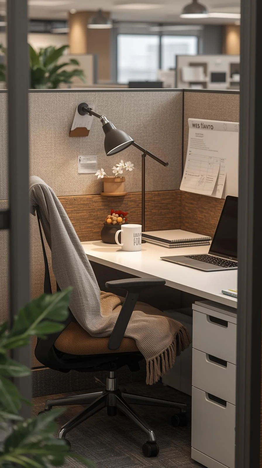 Cubical ideas for work with personal comforts like a cushion, throw, and coffee mug.