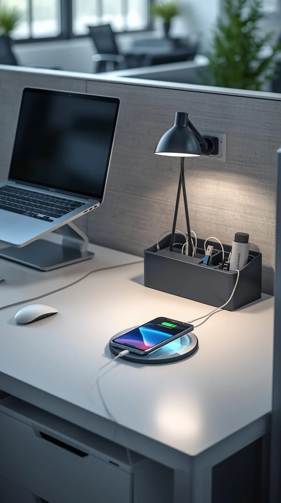 Cubical ideas for work with organized technology including laptop stand and wireless charging pad.