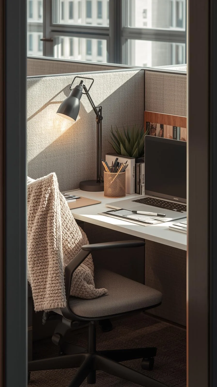 Cubical ideas for work with textured accessories like a cushion, woven holder, and soft desk mat.