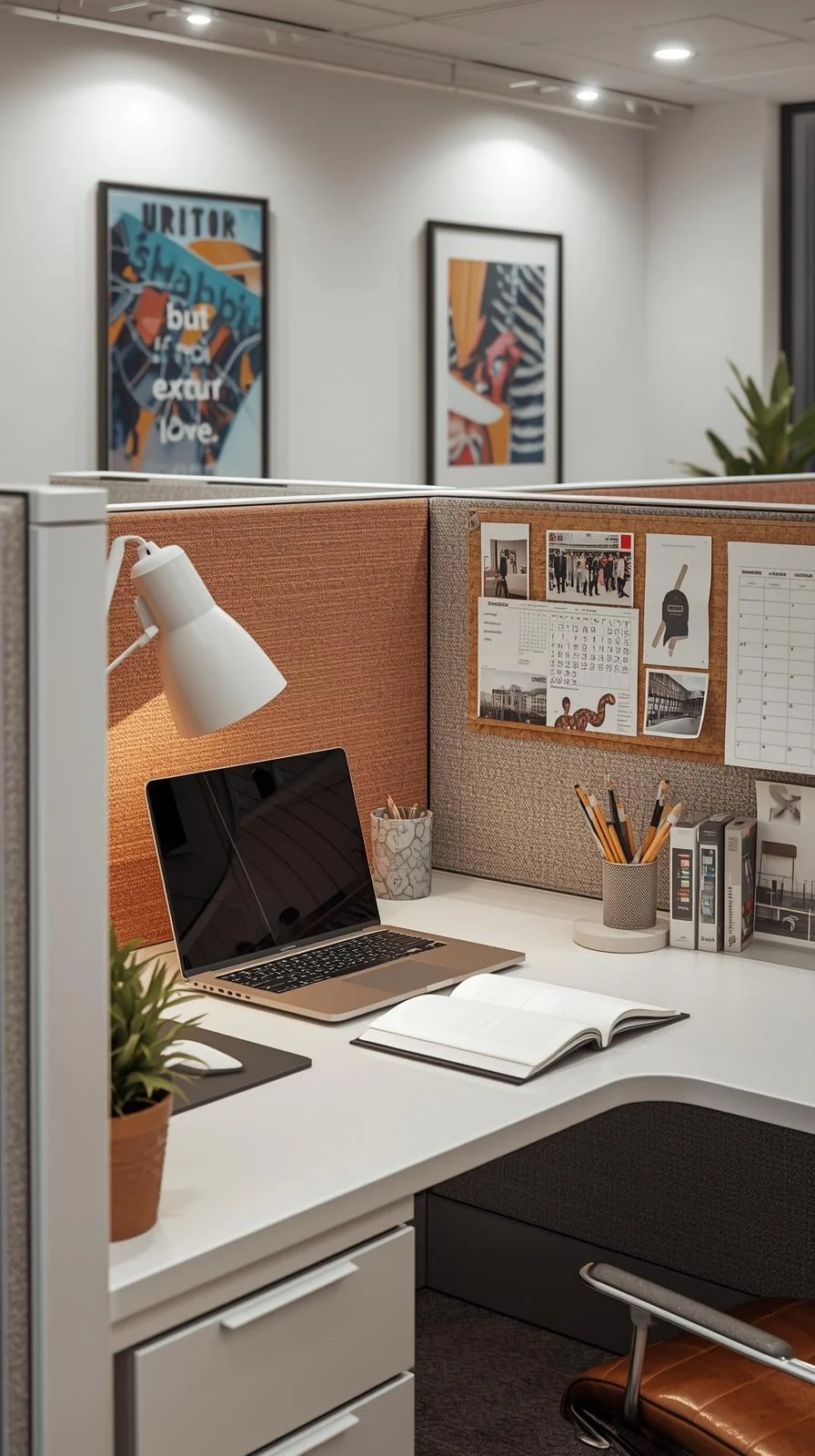 Cubical ideas for work with personalized wall decor including framed prints, calendar, and vision board.