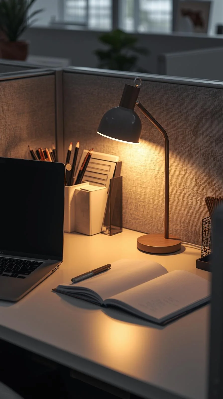 Modern cubical ideas for work with warm desk lamp lighting creating a cozy and comfortable office space.