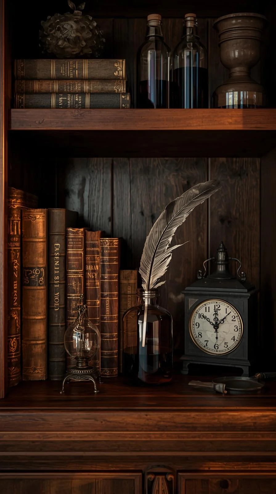 Cabinet of curiosities with vintage books, bottles, and oddities styled for spooky season home decor.