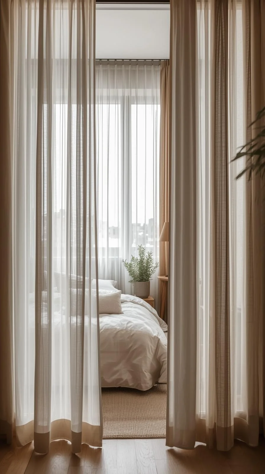 Curtain decor ideas for apartments bedroom with sheer and floor-length drapes that soften light and add privacy.