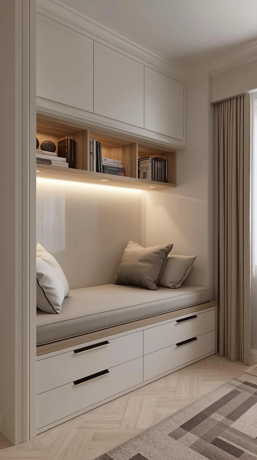 A realistic photo of a custom built-in daybed with drawers, cabinets, and shelves designed for maximum storage in a small modern apartment.