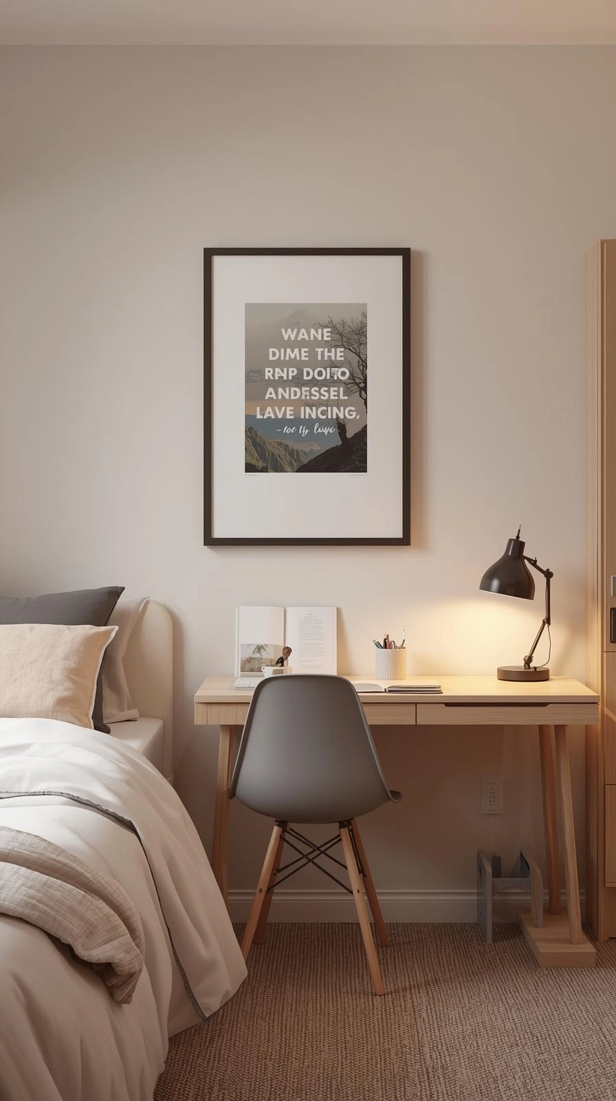 Custom-designed poster hanging in a cozy dorm room, showcasing a personal touch with modern, minimalist decor.