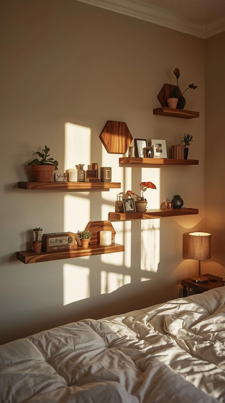 Decorating ideas for bedroom walls with DIY wooden shelves holding plants and decor items.