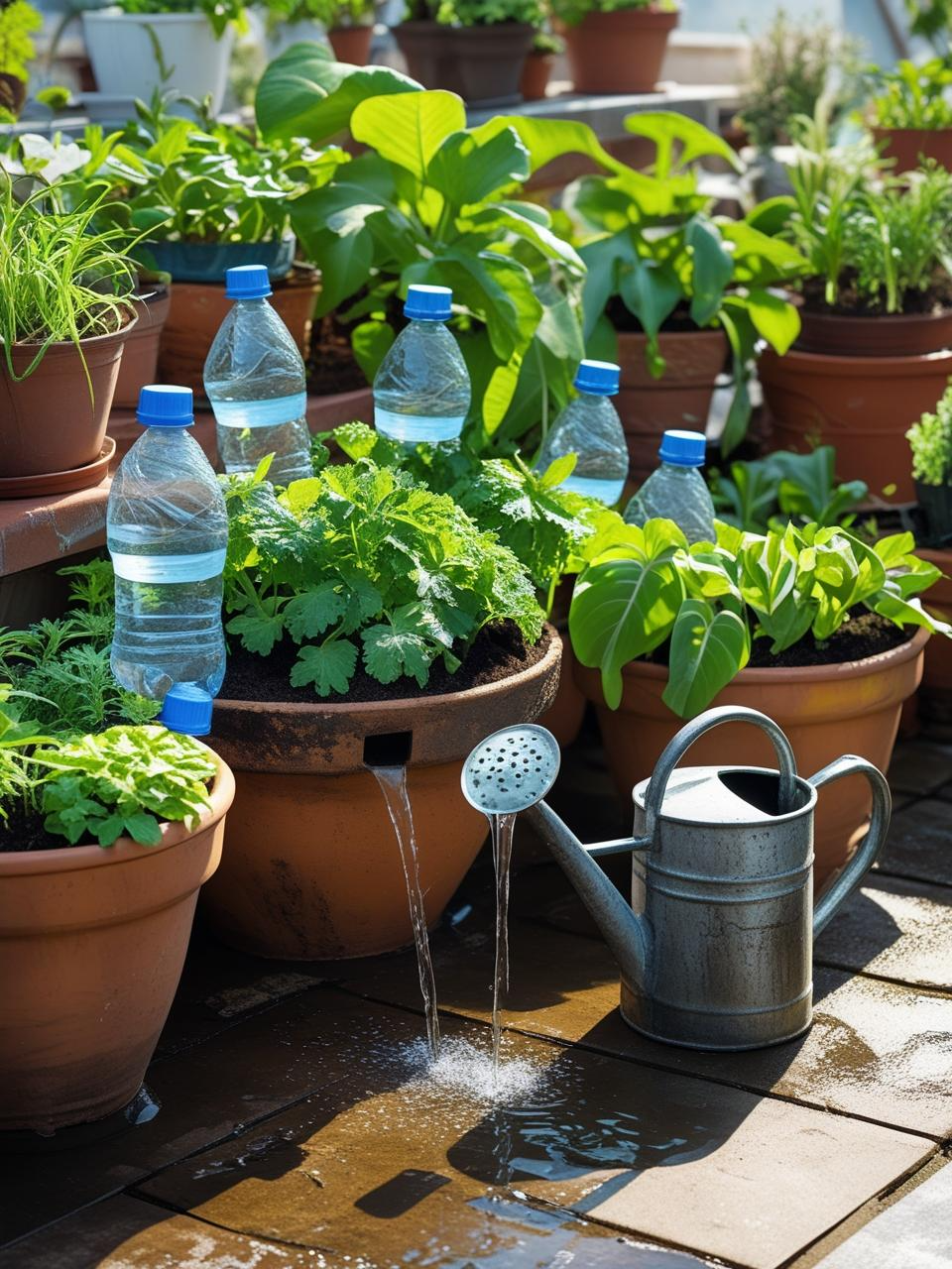 DIY watering system using plastic bottles and a watering can in a thriving terrace garden with healthy potted plants.