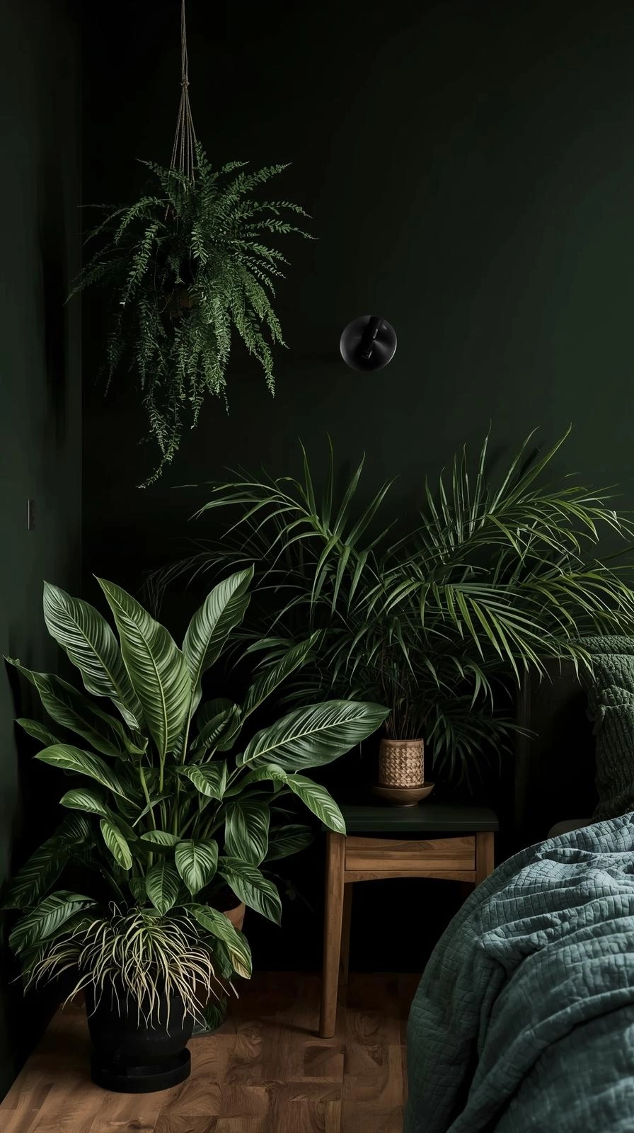 Dark botanical bedroom styled as a balanced ecosystem with layered plants, dark walls, natural wood, and soft ambient lighting.