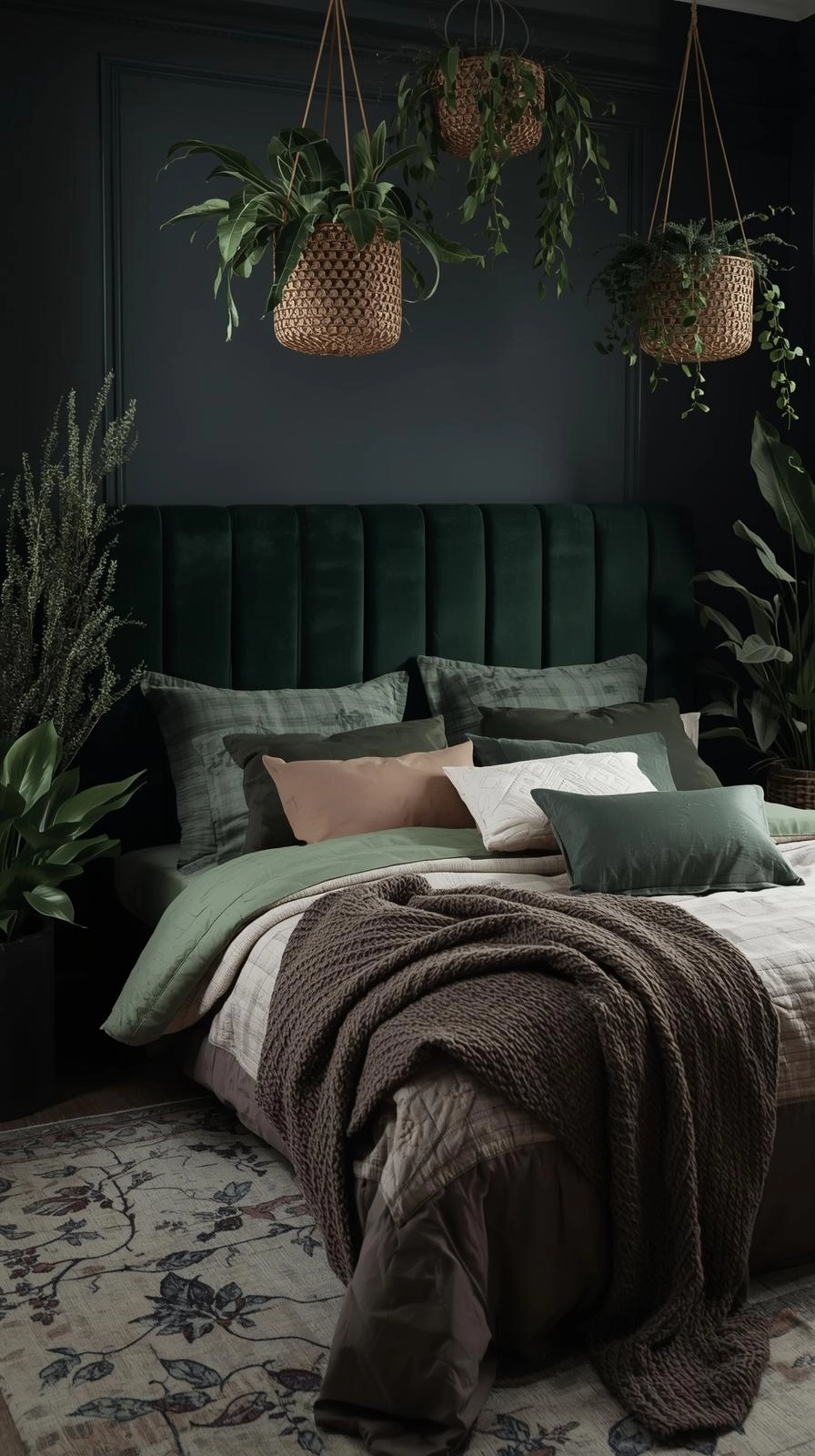 Dark botanical bedroom with a velvet headboard, layered green and cream bedding, and plants framing the bed as a centerpiece.