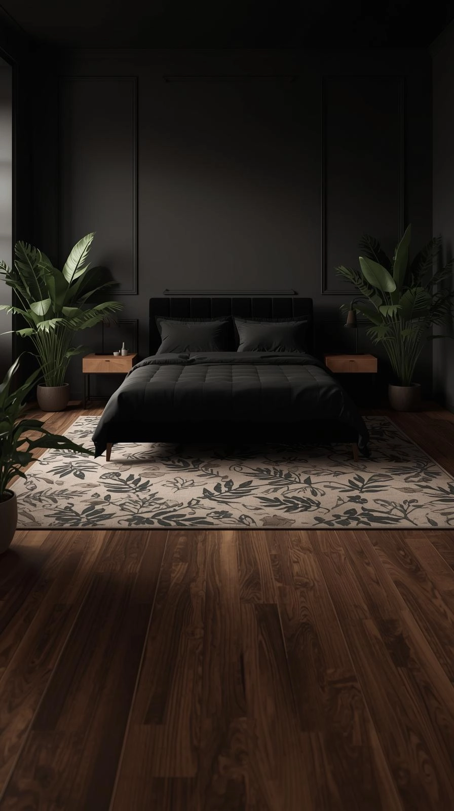 Dark botanical bedroom with deep wood flooring, a muted botanical rug, and plants creating a grounded and balanced design.