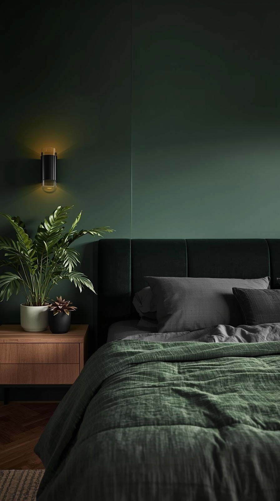 Dark botanical bedroom with deep green matte walls, charcoal bedding, natural wood accents, and layered plants for a moody aesthetic.