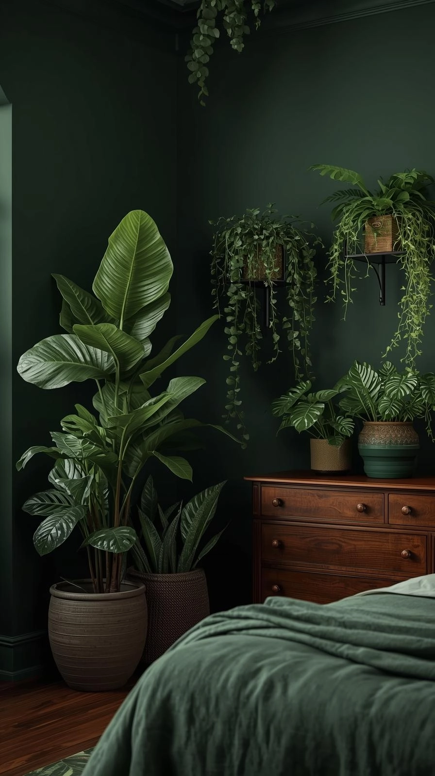 Dark botanical bedroom with layered plants, including palms, fiddle-leaf figs, and trailing vines, creating a lush and balanced design.