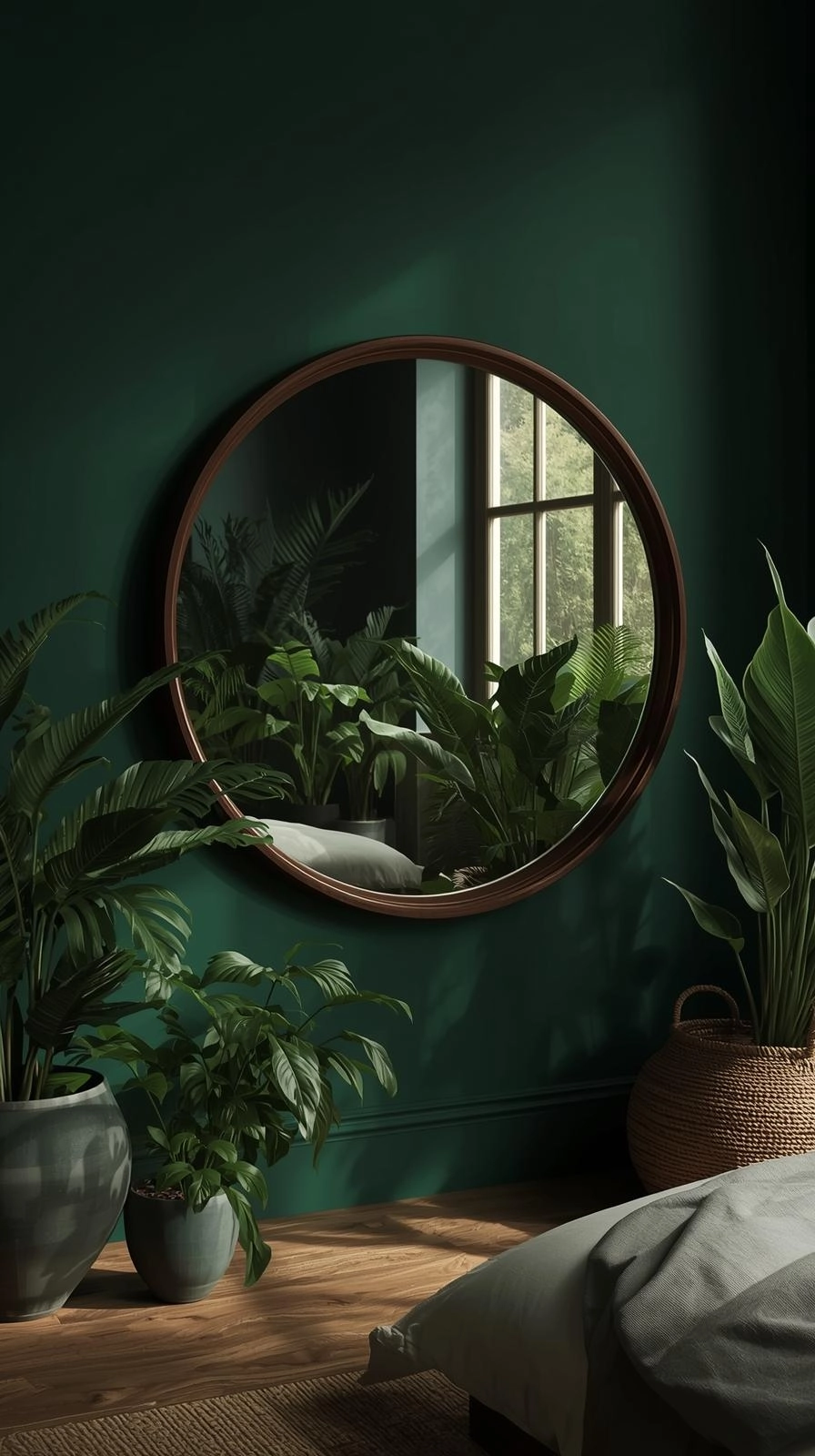 Dark botanical bedroom with a large wooden-framed mirror reflecting natural light and greenery to expand space and brighten the room.