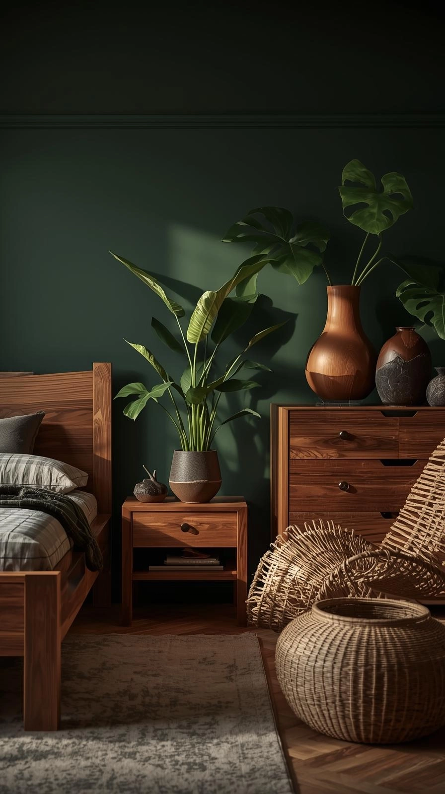 Dark botanical bedroom with walnut furniture, rattan accents, ceramic pots, and lush plants styled with earthy natural materials.
